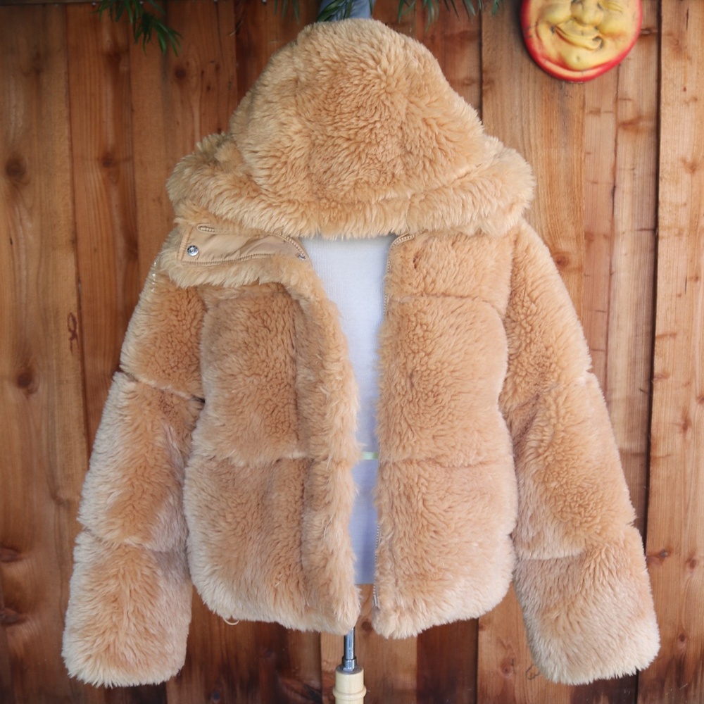 UGG Woman's Ronney Hoodie Puffer Faux Fur Jacket High Pile In Oolong Color